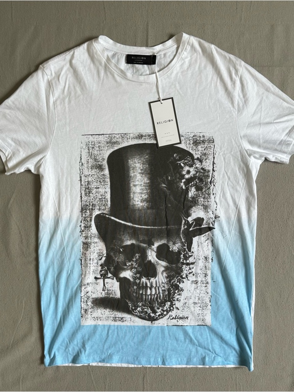 Religion London Skull Graphic Tee White Blue Fade Shirt  Mens L NWT